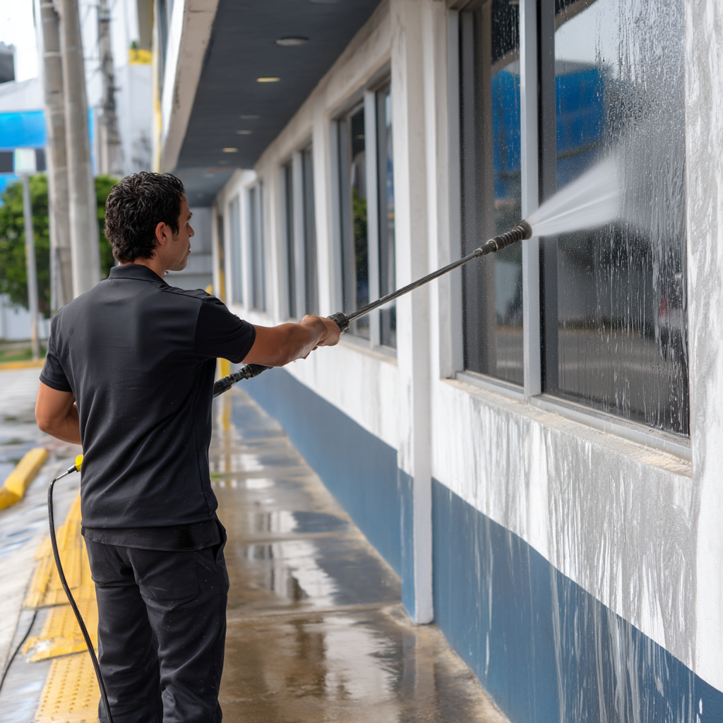 Pressure washing a commercial storefront