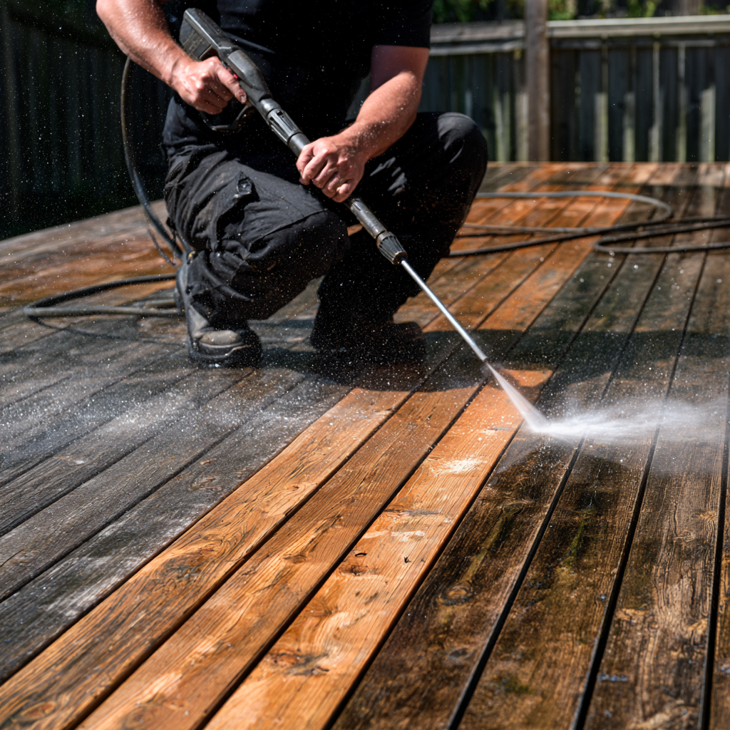 Pressure washing and restoring a wood deck