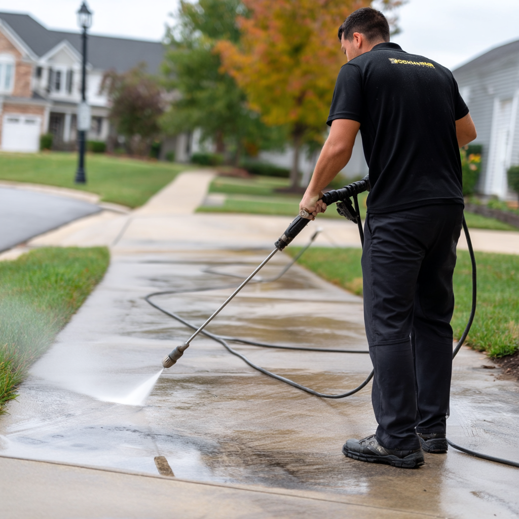 Pressure washing a concrete driveway