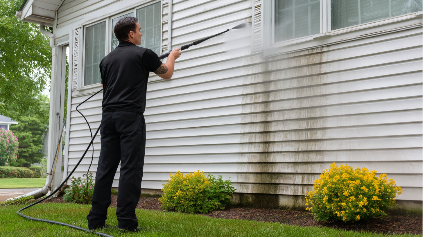 Pressure washing vinyl siding on a home