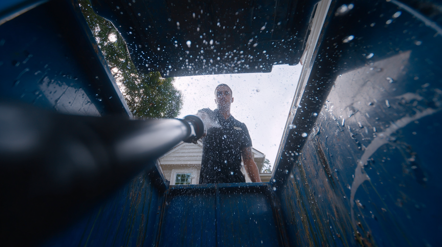 Pressure washing the interior of a trash bin